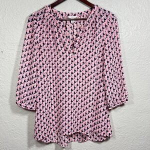 Nordstrom Caslon Sheer Blouse Top Small Geo Chiffon Retro Mod‎ Artsy Office Work